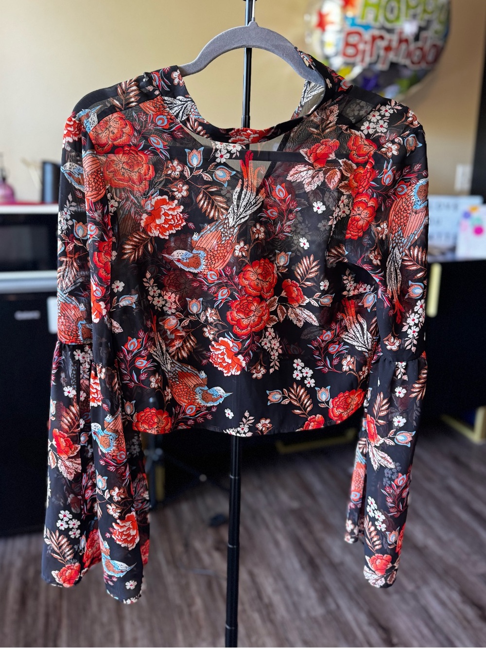 Forever 21 Black Sheer Floral & Bird Print Blouse